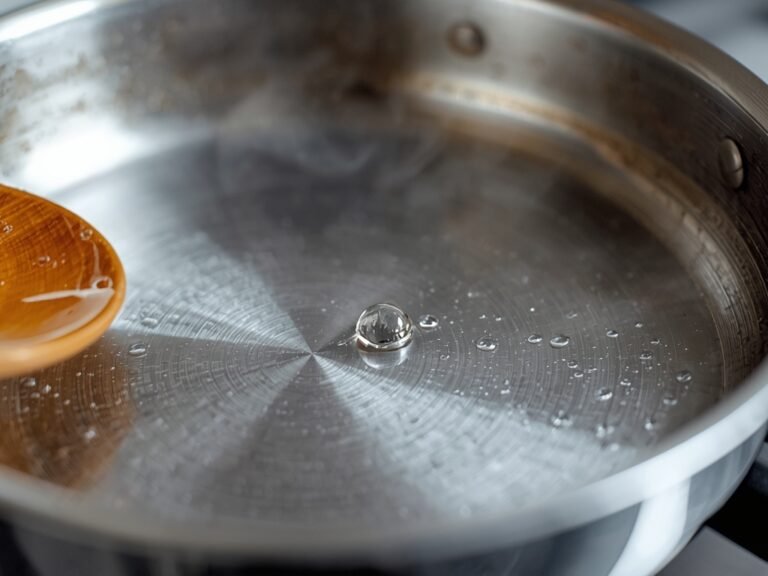 A close-up of a stainless steel pan on a stove,