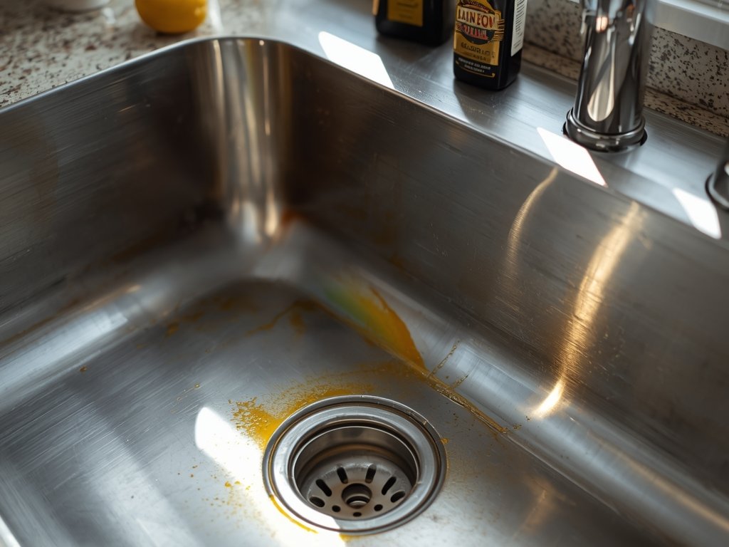 A close-up of a stainless steel sink with a rainbow