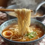 A close-up of a steaming bowl of ramen with chopsticks