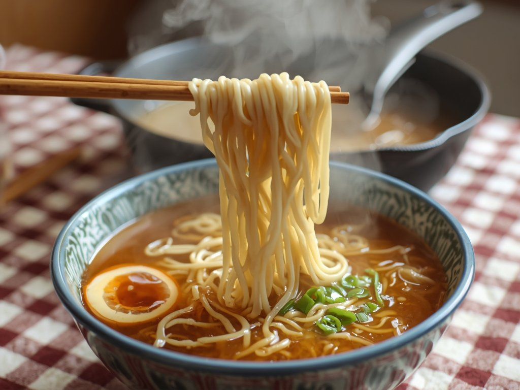 A close-up of a steaming bowl of ramen with chopsticks