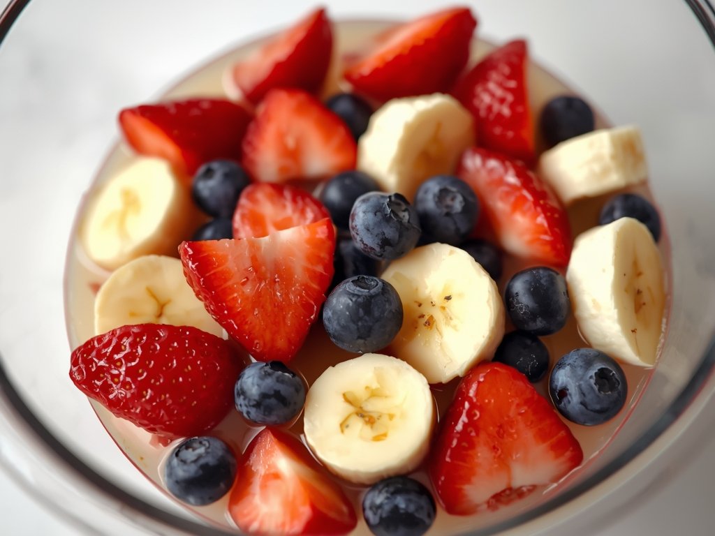 A close-up of a traditional fruit salad in a glass