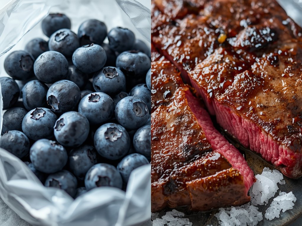 A close-up of a vacuum-sealed bag of frozen blueberries, with