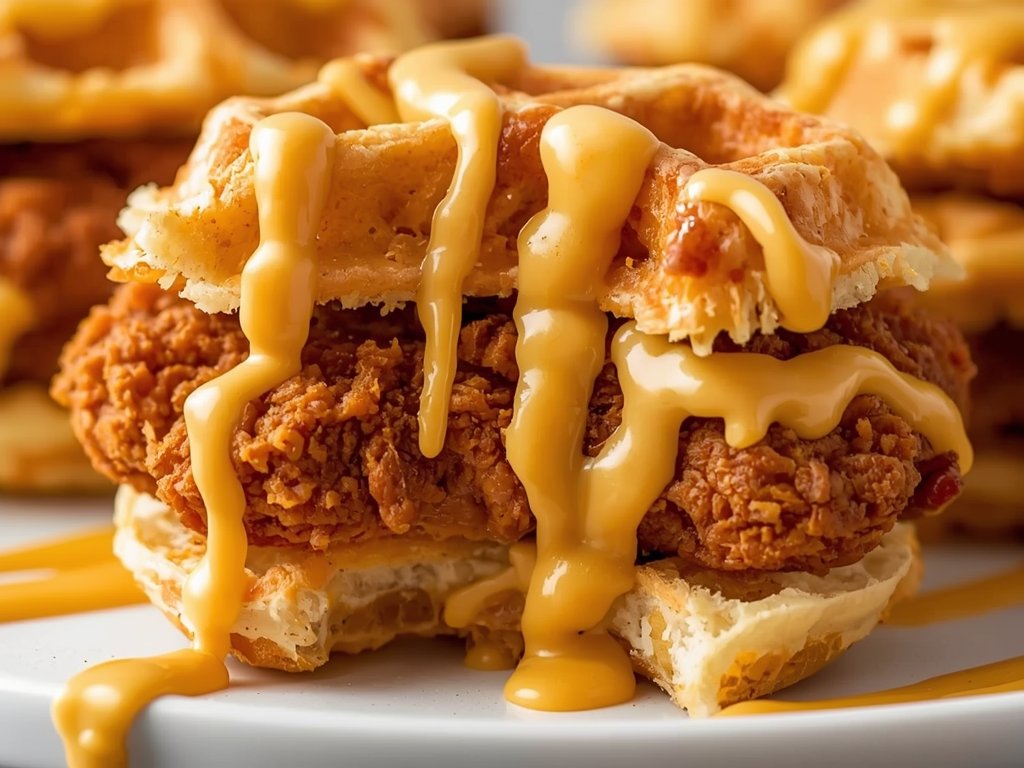 A close-up of a waffle slider, showcasing the layers of