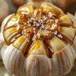 A close-up of a whole roasted garlic bulb, its papery