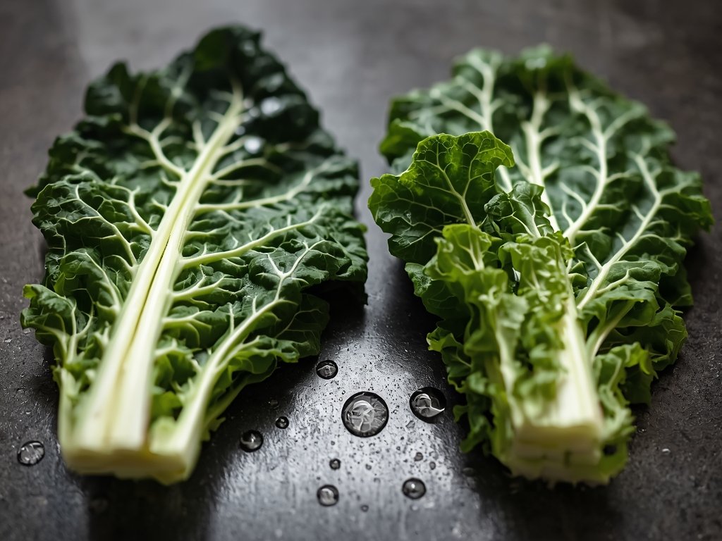 A close-up of a wilted kale leaf next to a