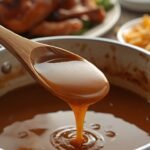 A close-up of a wooden spoon stirring a pot of