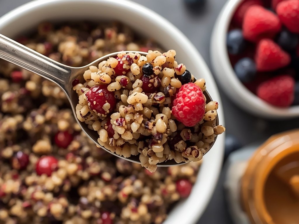A close-up of cooked quinoa grains with a spoon, highlighting