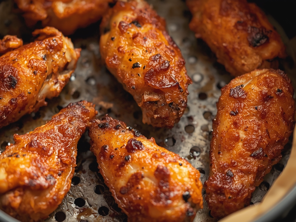 A close-up of crispy chicken wings cooked in an air