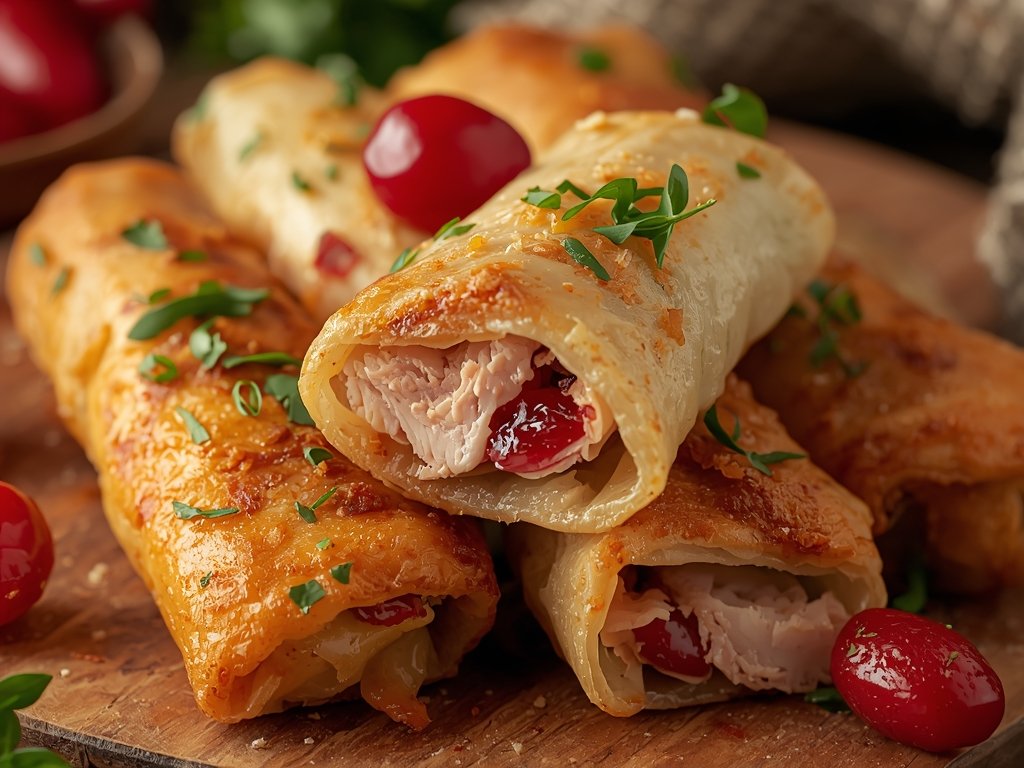 A close-up of crispy spring rolls with visible turkey and