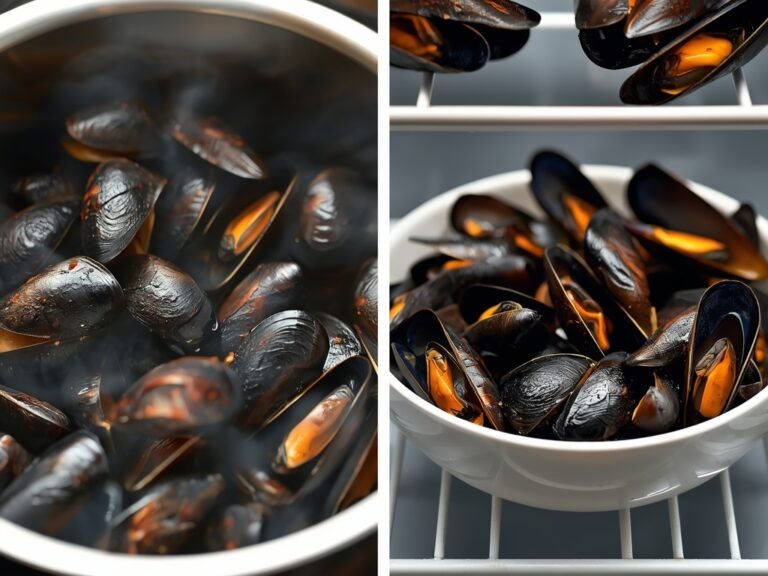 A close-up of freshly cooked mussels in a pot, with