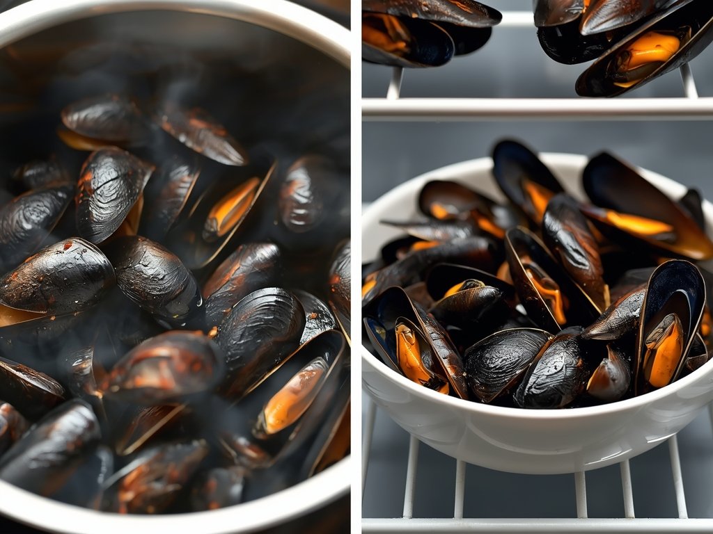 A close-up of freshly cooked mussels in a pot, with