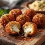 A close-up of golden-brown arancini balls on a rustic wooden