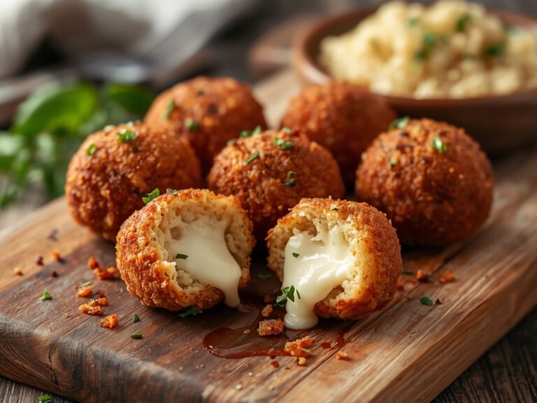 A close-up of golden-brown arancini balls on a rustic wooden
