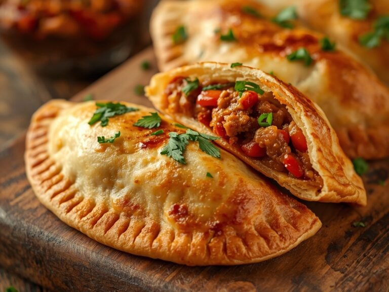 A close-up of golden-brown empanadas filled with savory Sloppy Joe
