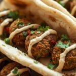 A close-up of golden-brown falafel balls nestled in a bed