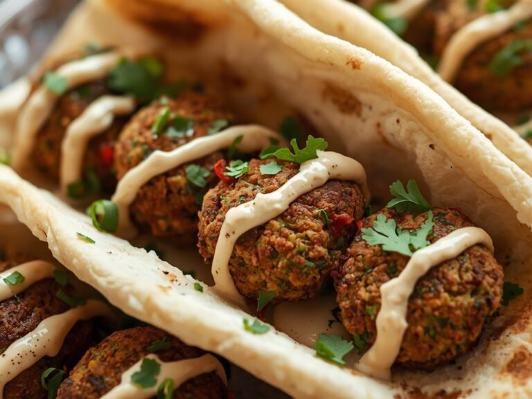 A close-up of golden-brown falafel balls nestled in a bed