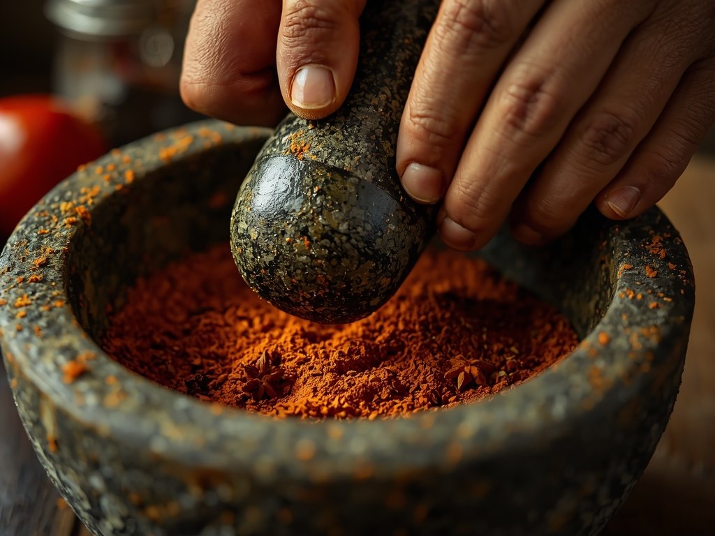 A close-up of hands grinding spices in a stone mortar