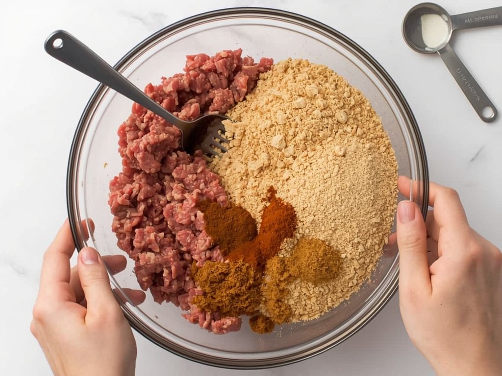 A close-up of hands mixing ground beef, breadcrumbs, and spices