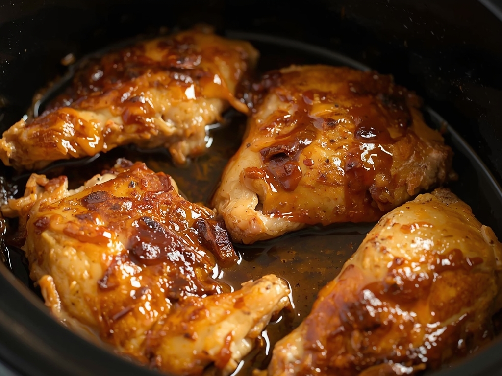 A close-up of juicy, slow-cooked chicken thighs with a golden-brown