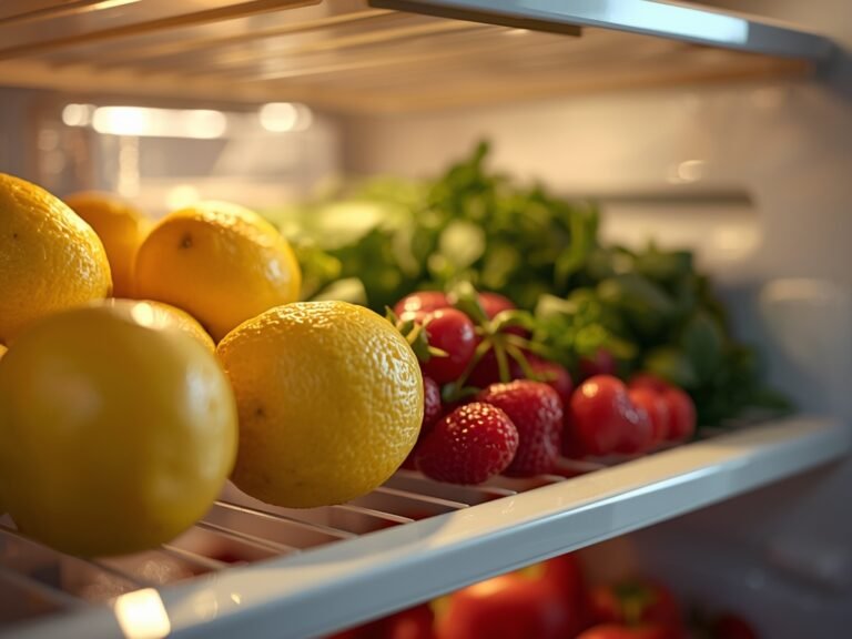 A close-up of sparkling clean refrigerator shelves with fresh produce