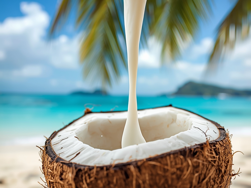 A close-up shot of a coconut being cracked open, with