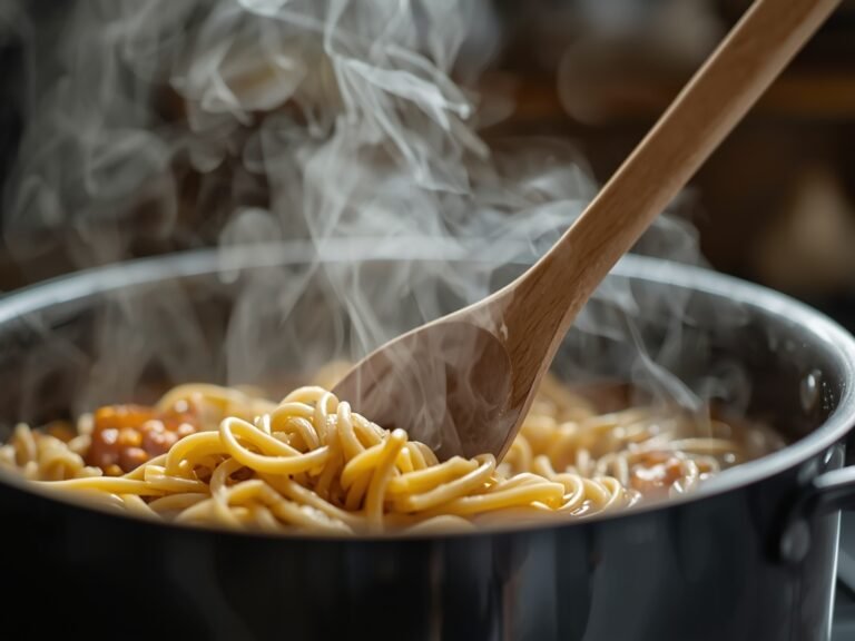 A close-up shot of a pot of boiling pasta, with