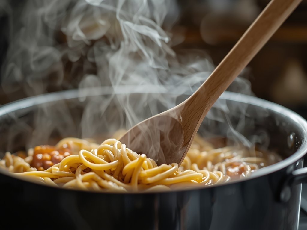 A close-up shot of a pot of boiling pasta, with