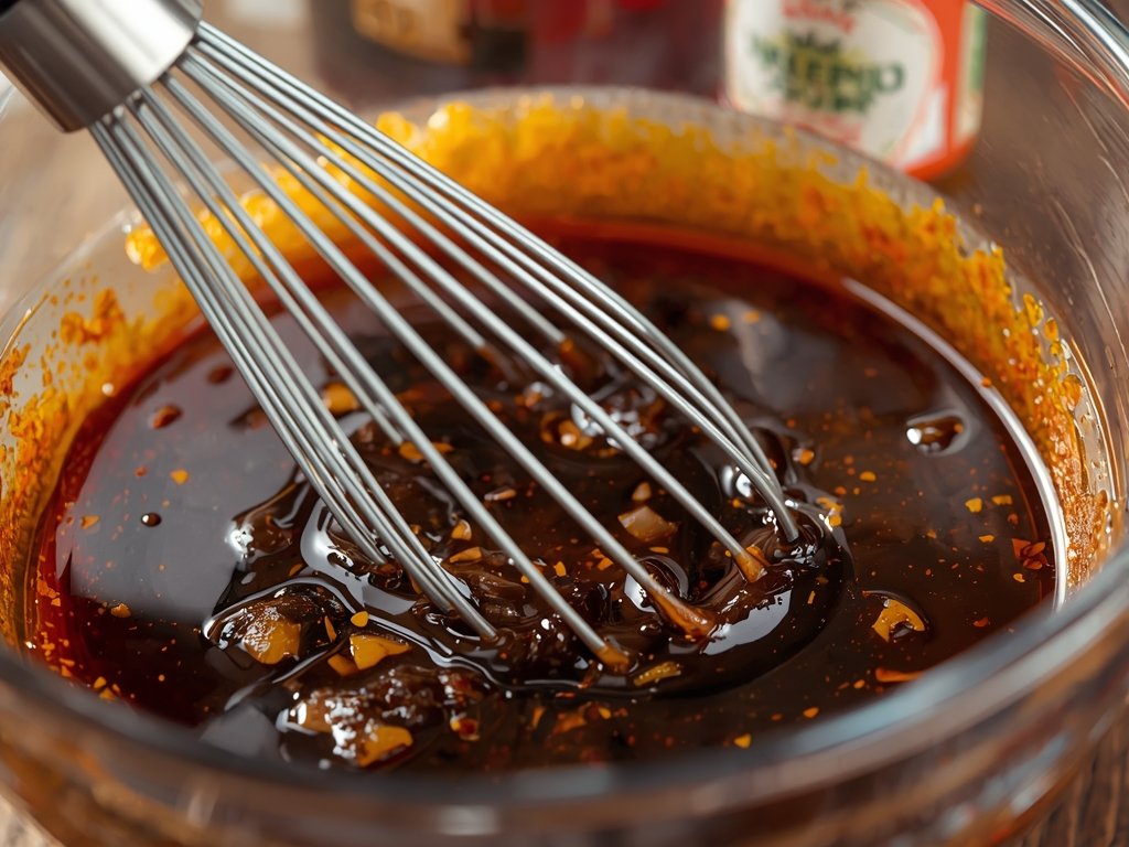 A close-up shot of a whisk blending together a rich,