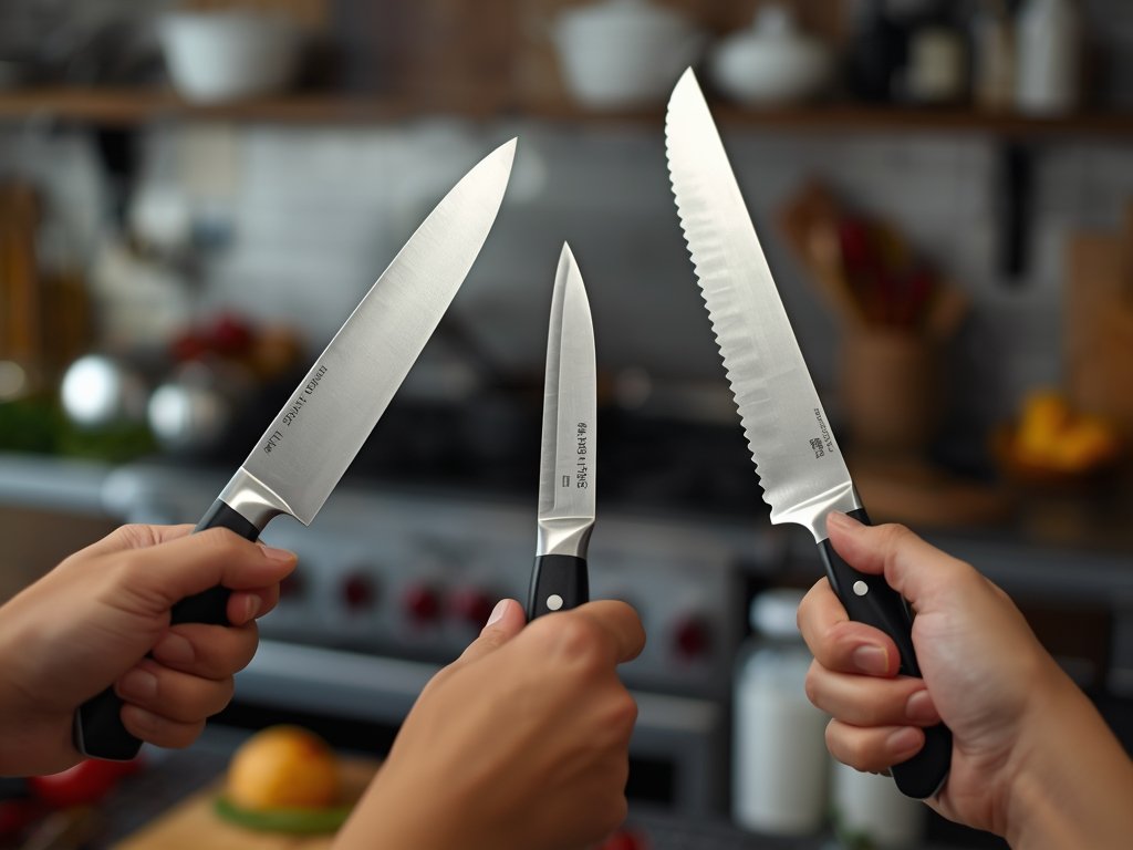 A close-up shot of three hands holding the chef's knife,
