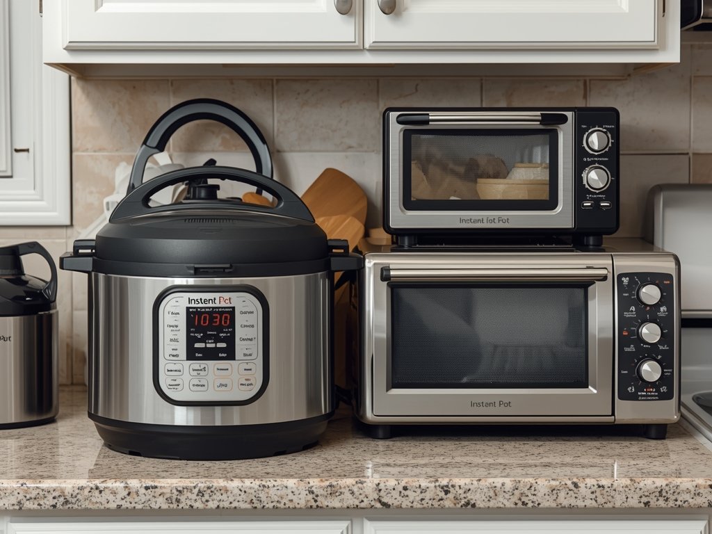 A cluttered kitchen counter with an Instant Pot taking up