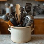 A cluttered kitchen utensil crock overflowing with various tools, including