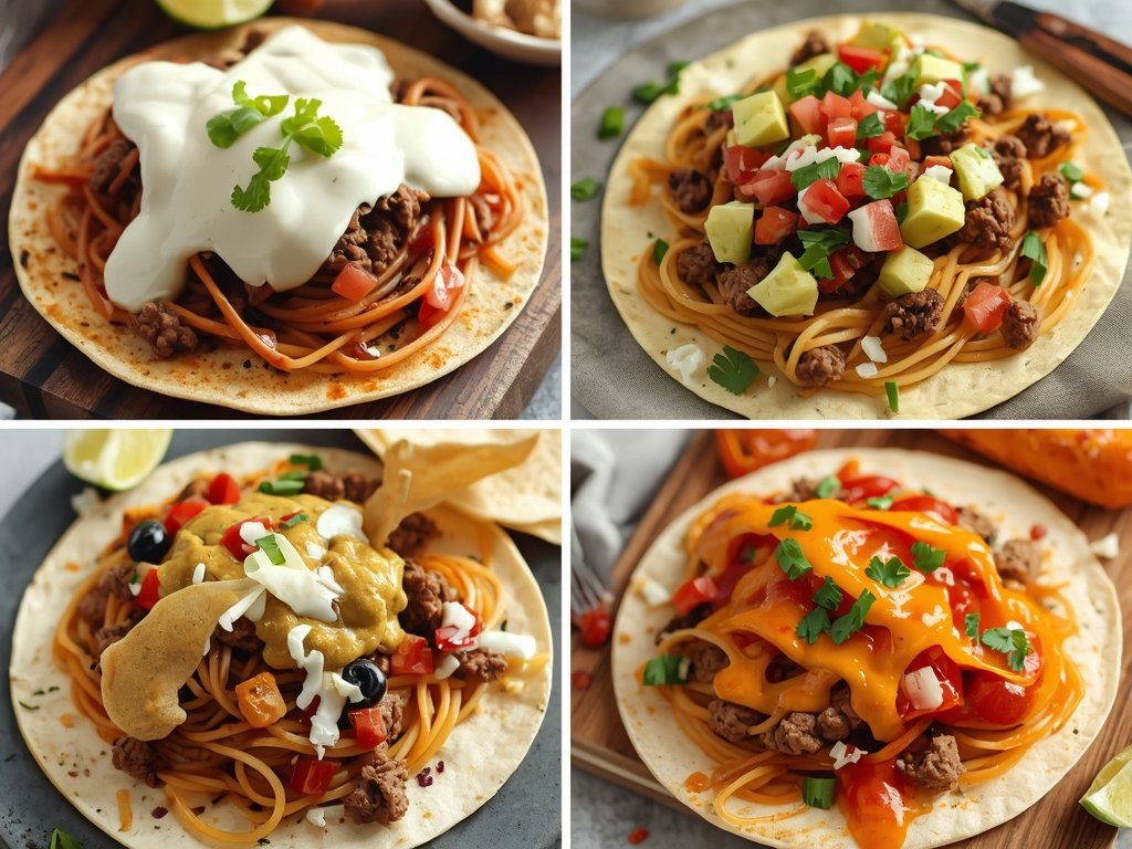 A collage of different spaghetti taco variations: one with Alfredo