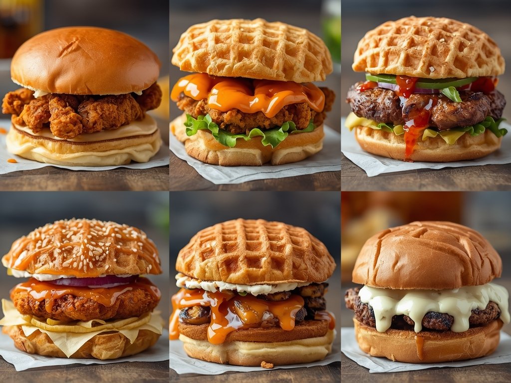 A collage of different waffle slider variations, including classic fried