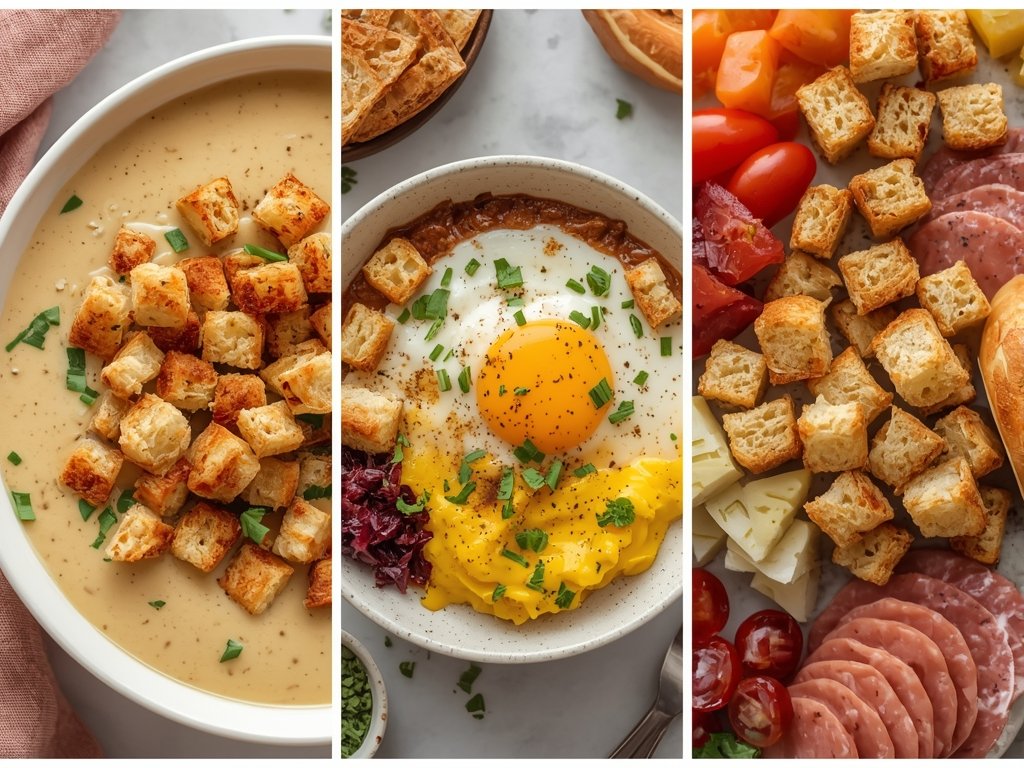 A collage of various dishes featuring bagel croutons: a creamy