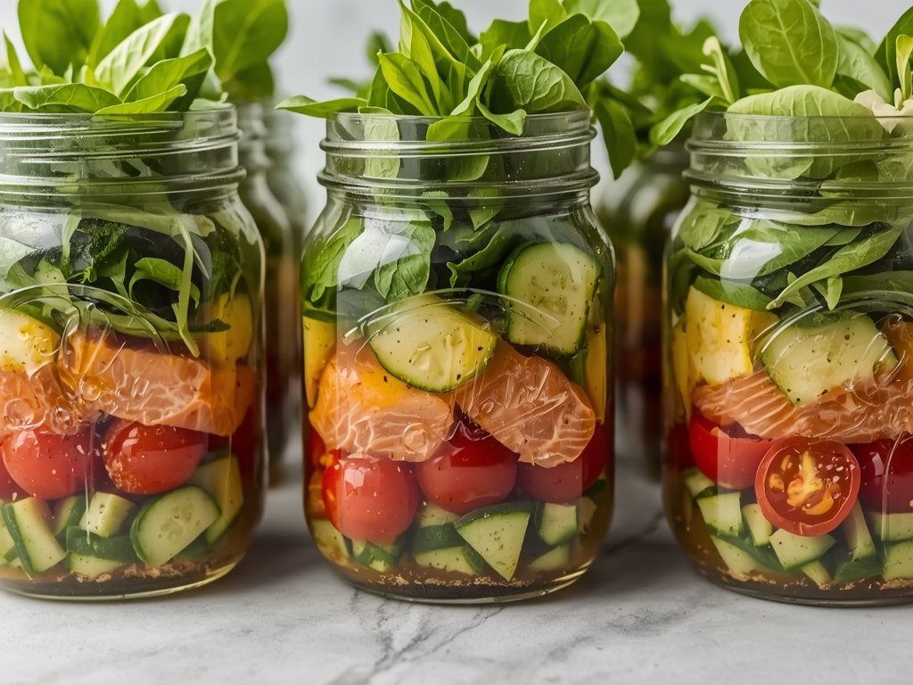 A collection of beautifully layered salad jars, each featuring poached