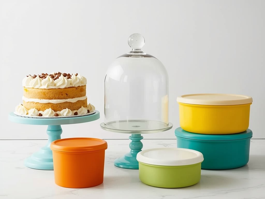 A collection of unique cake storage containers, including a cake