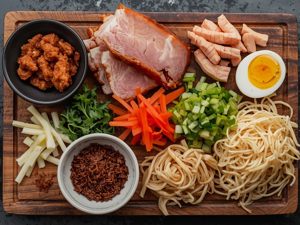 A colorful array of ramen toppings spread out on a