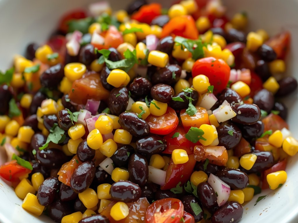 A colorful black bean salad in a large bowl, featuring