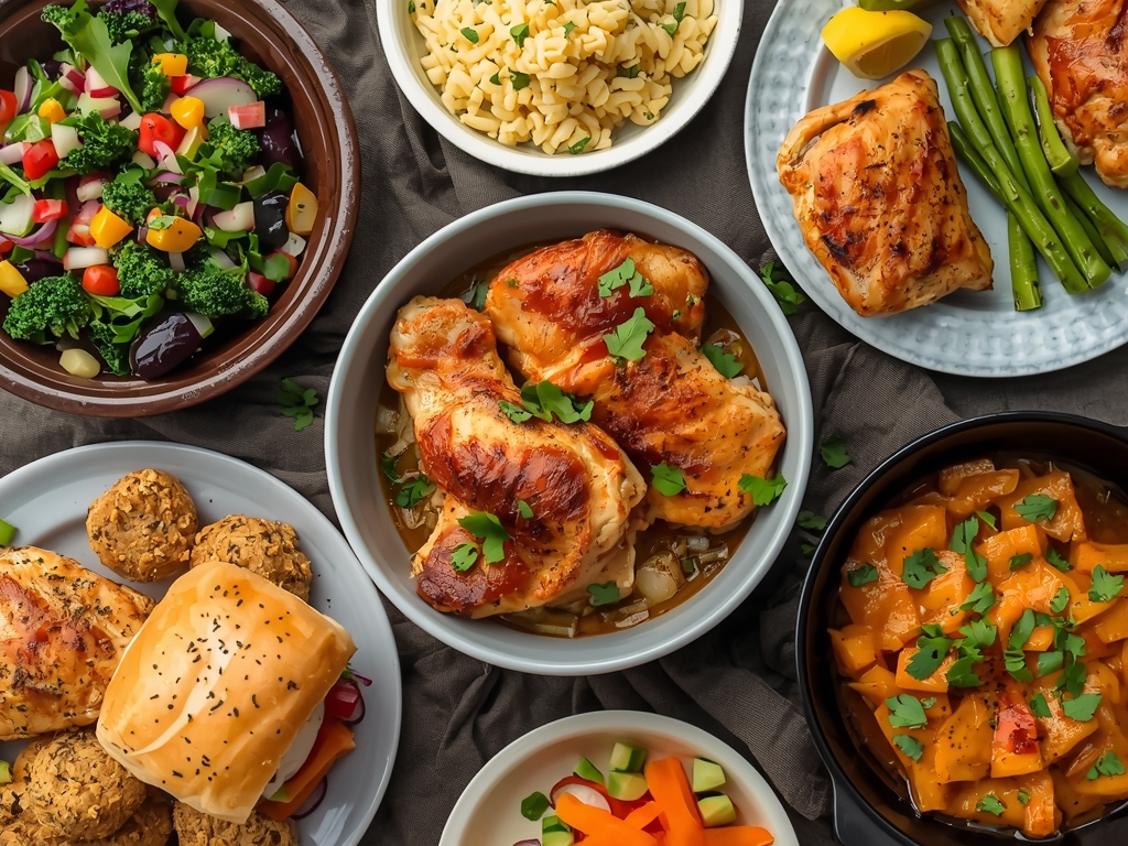 A colorful food spread featuring reheated chicken thighs in various