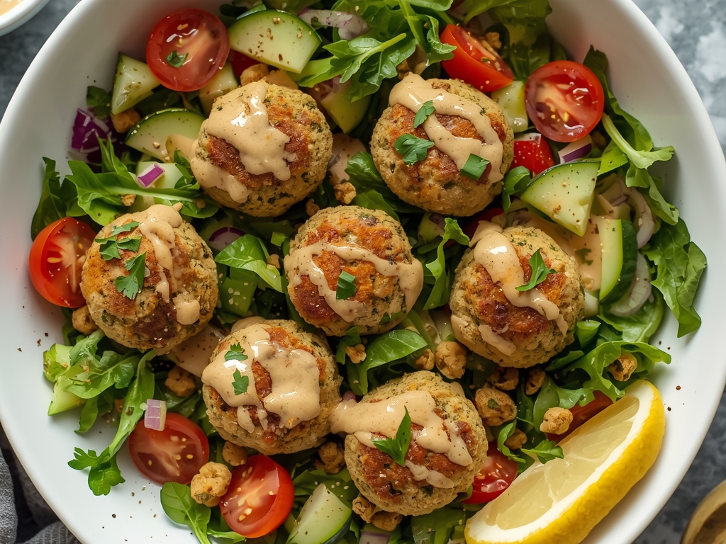 A colorful Mediterranean salad featuring reheated falafel balls, mixed greens,
