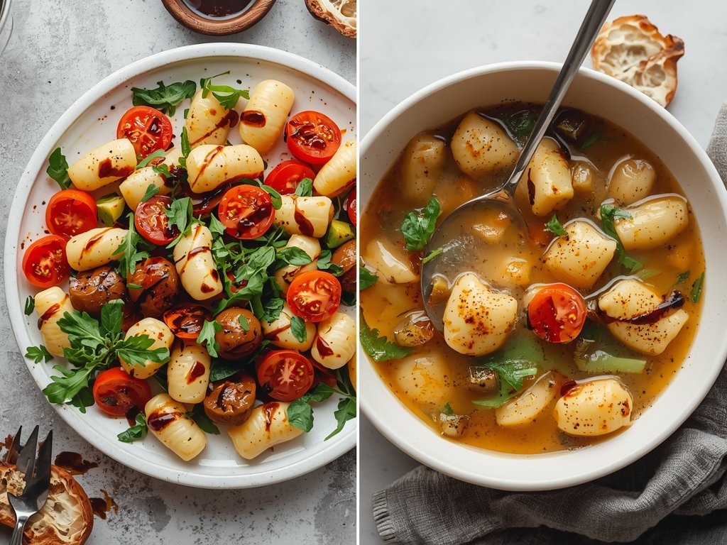 A colorful platter of gnocchi salad with cherry tomatoes, arugula,