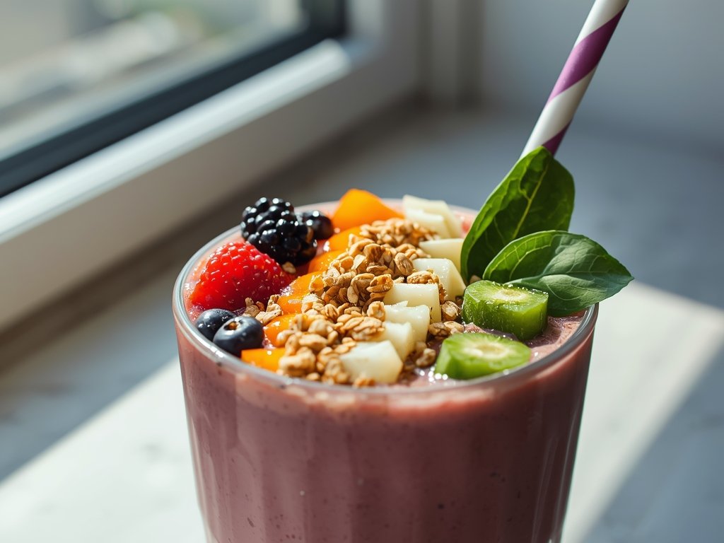 A colorful smoothie bowl topped with fresh fruit, granola, and