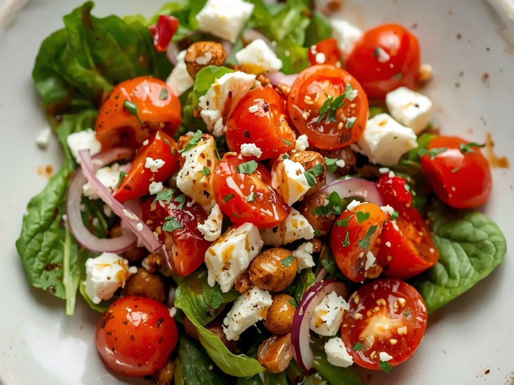 A colorful, vibrant salad with mixed greens, roasted red peppers,