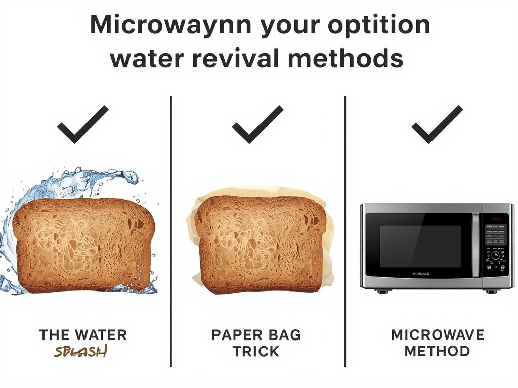 A comparison image showing three different bread revival methods: the