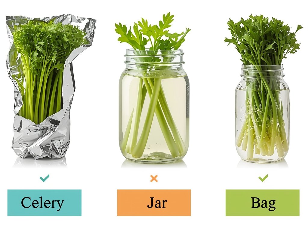 A comparison of different celery storage methods, including foil-wrapped, in