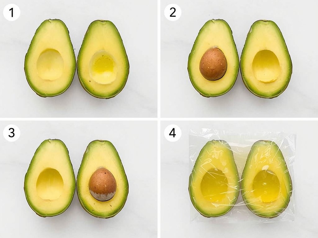A comparison of four avocado halves, each treated with a