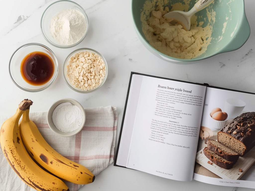 A countertop with overripe bananas, a mixing bowl, and ingredients