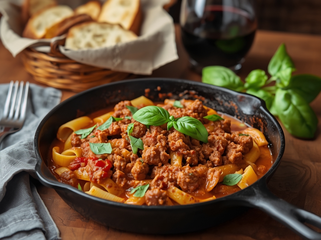 A cozy dinner scene with a cast-iron skillet of ground
