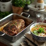 A cozy kitchen scene with a roasting pan of beef
