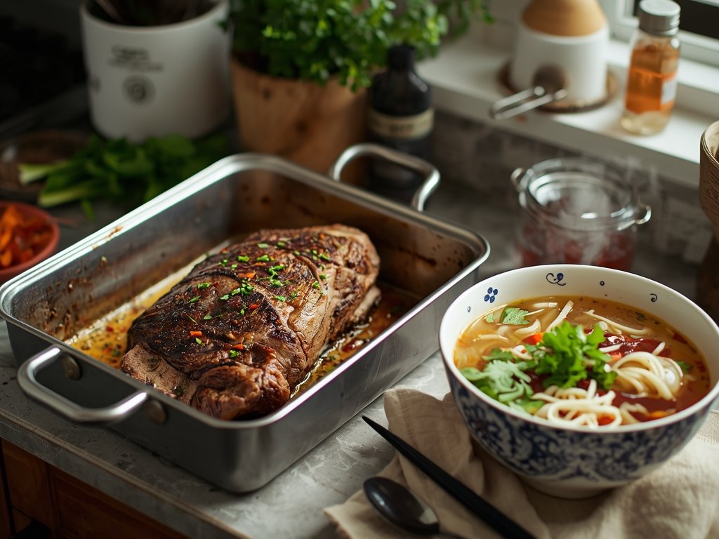 A cozy kitchen scene with a roasting pan of beef